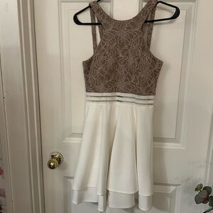 Gold and White Halter Fit and Flare Mini Dress for Prom